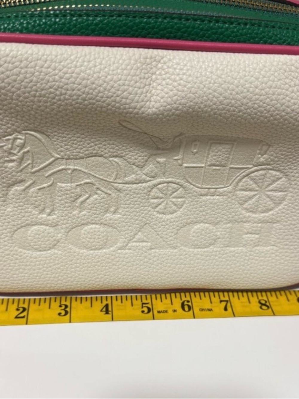 Coach White Pebbled Leather Crossbody with Pink Trim & Rainbow Strap